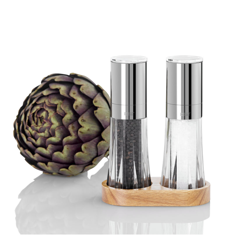 Menagere con macinapepe e macinasale "Crystal", 3 pezzi cm 13,5x6,7x17,5