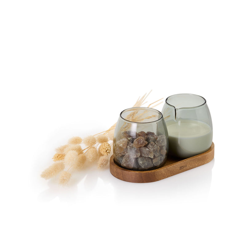 Set lattiera & zuccheriera "Yuna" con vassoio in acacia ml 230/cm Ø7x7,5