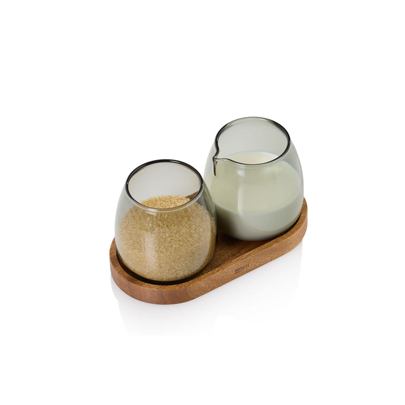 Set lattiera & zuccheriera "Yuna" con vassoio in acacia ml 230/cm Ø7x7,5