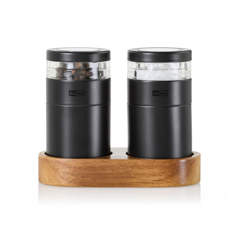 Menagere con macinasale e macinapepe "Molto" con base in acacia, 3 pezzi cm 11,5x5,5x9,5