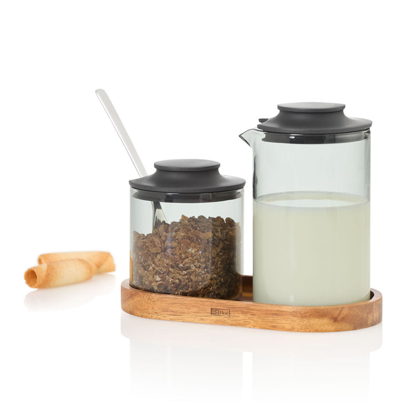 Set lattiera & zuccheriera "Impact" con vassoio in acacia ml 250/cm 15,5x8,5x1