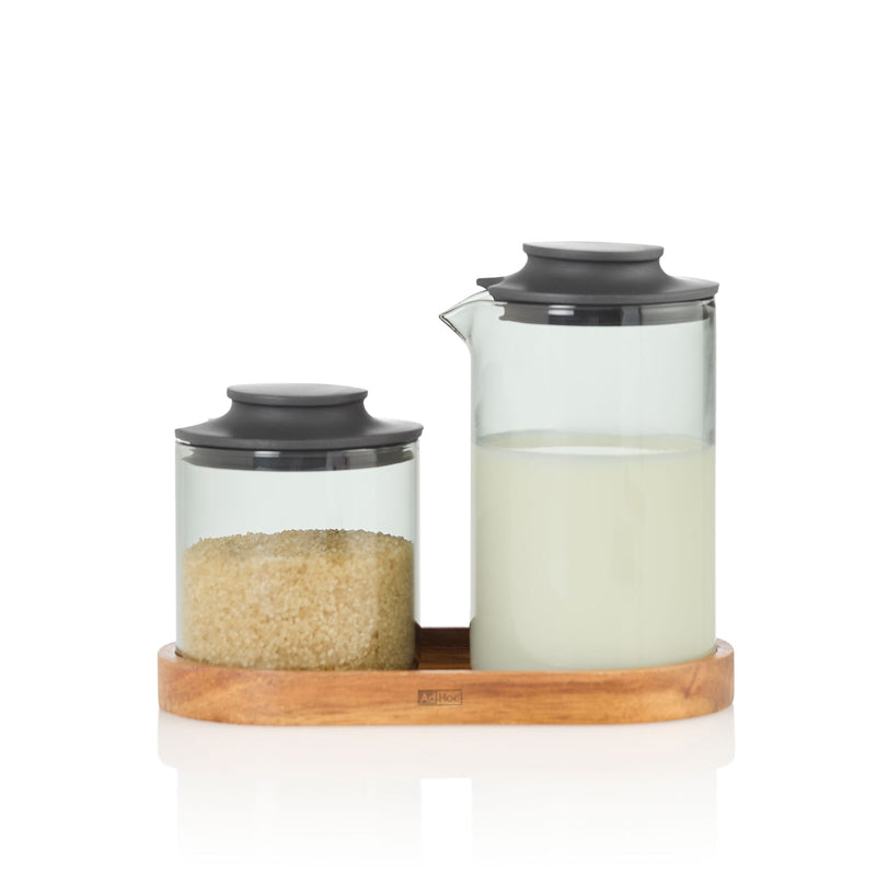Set lattiera & zuccheriera "Impact" con vassoio in acacia ml 250/cm 15,5x8,5x1
