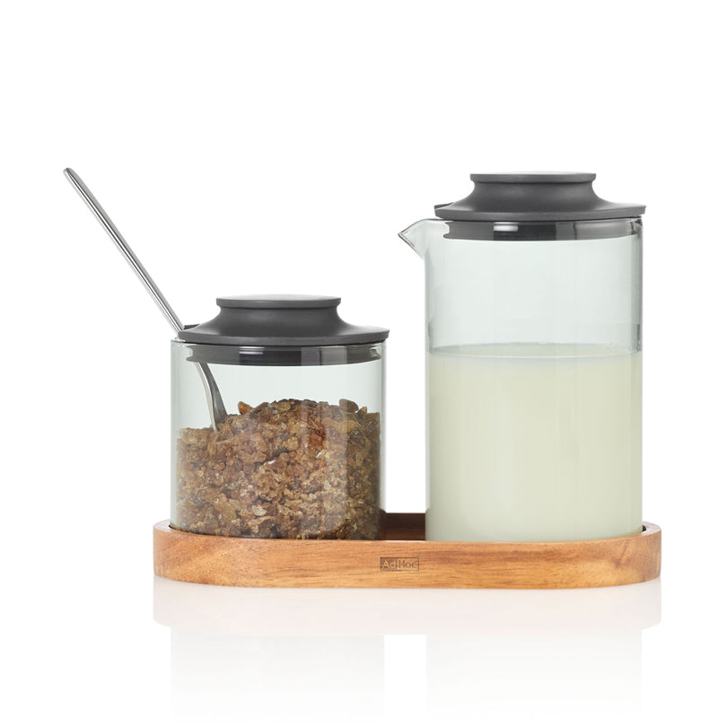 Set lattiera & zuccheriera "Impact" con vassoio in acacia ml 250/cm 15,5x8,5x1