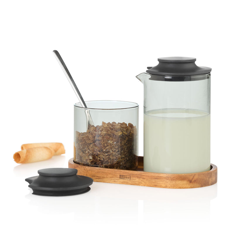 Set lattiera & zuccheriera "Impact" con vassoio in acacia ml 250/cm 15,5x8,5x1