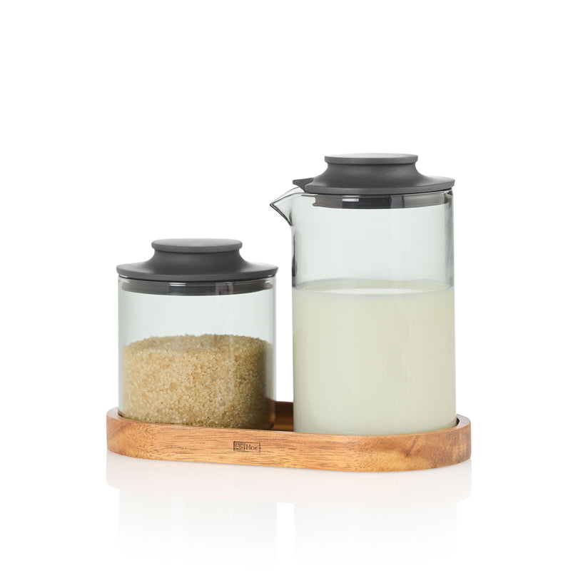 Set lattiera & zuccheriera "Impact" con vassoio in acacia ml 250/cm 15,5x8,5x1