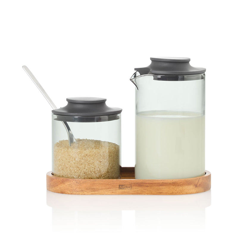 Set lattiera & zuccheriera "Impact" con vassoio in acacia ml 250/cm 15,5x8,5x1