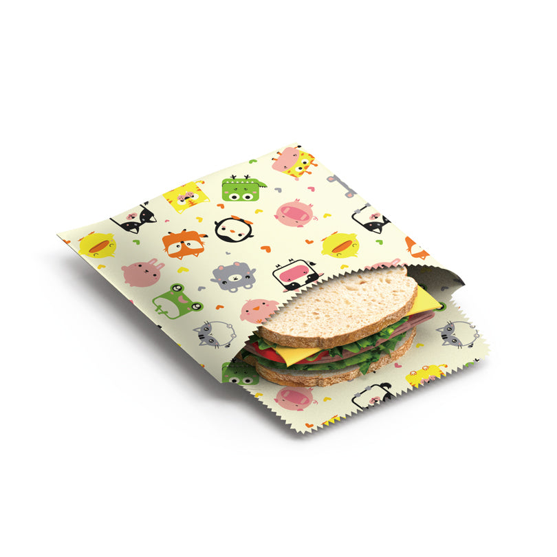 Sacchetto porta panino di cera d'api "Kids", in confezione assortita da 2 pezzi cm 18x18/cm 18x23