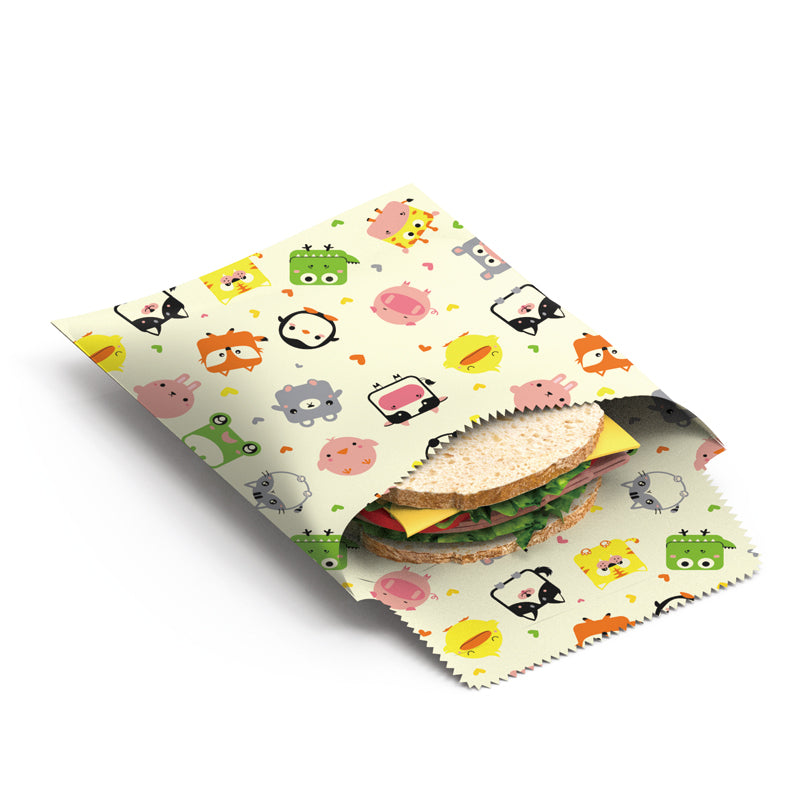 Sacchetto porta panino di cera d'api "Kids", in confezione assortita da 2 pezzi cm 18x18/cm 18x23
