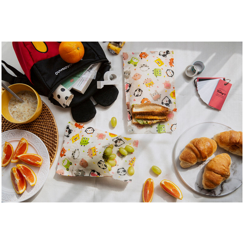 Sacchetto porta panino di cera d'api "Kids", in confezione assortita da 2 pezzi cm 18x18/cm 18x23