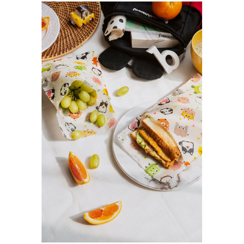 Sacchetto porta panino di cera d'api "Kids", in confezione assortita da 2 pezzi cm 18x18/cm 18x23