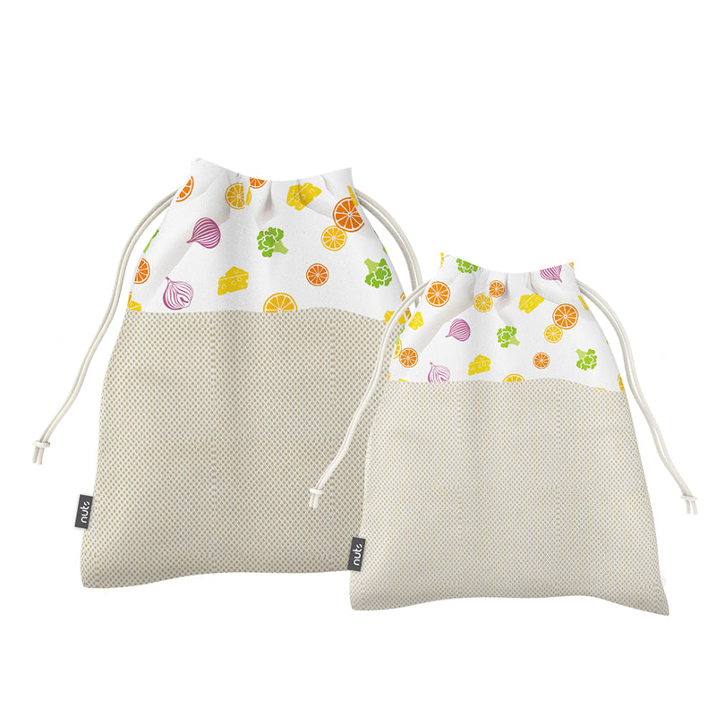 Rete/sacchetto per frutta e verdura riutilizzabile "Verdura e Frutta", in confezione assortita da 2 pezzi cm 27x35/cm 24x29