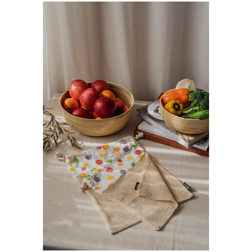 Rete/sacchetto per frutta e verdura riutilizzabile "Verdura e Frutta", in confezione assortita da 2 pezzi cm 27x35/cm 24x29