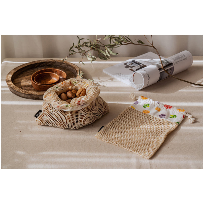 Rete/sacchetto per frutta e verdura riutilizzabile "Verdura e Frutta", in confezione assortita da 2 pezzi cm 27x35/cm 24x29