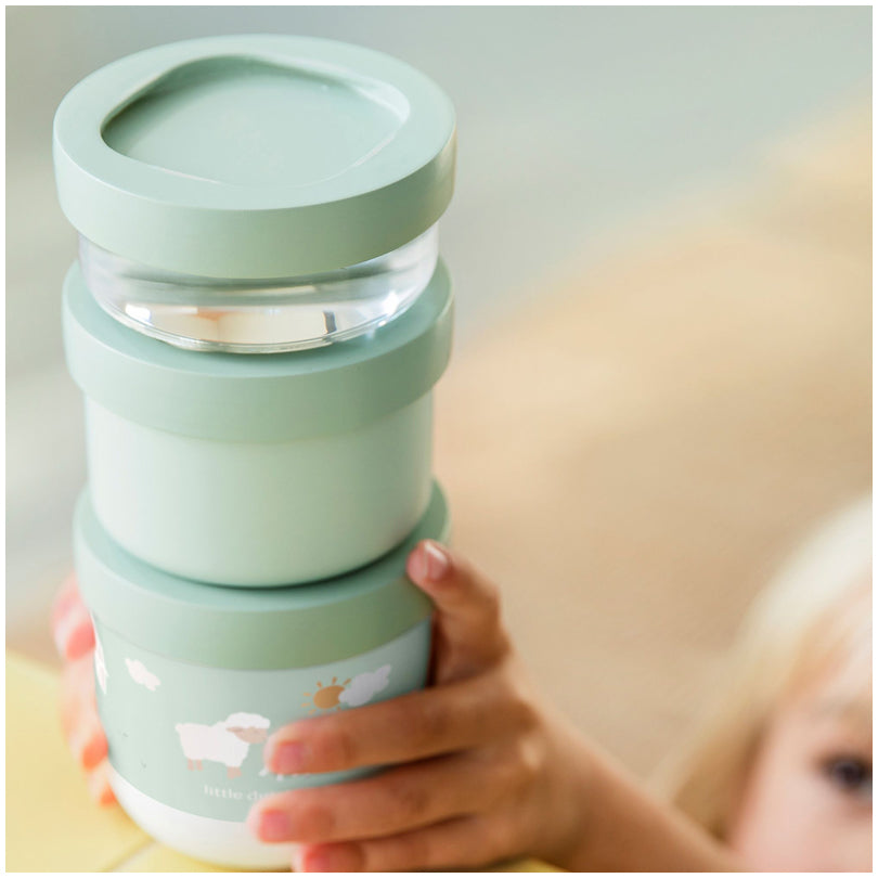 Contenitore porta snack sovrapponibile "Mio - Little Farm", confezione assortita 3 pezzi cm Ø8,6x17,9