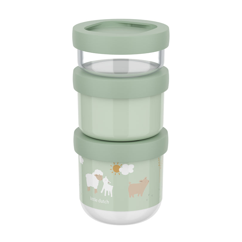 Contenitore porta snack sovrapponibile "Mio - Little Farm", confezione assortita 3 pezzi cm Ø8,6x17,9