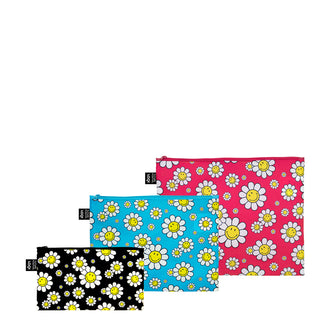 Zip pocket "Smiley - Flowers Black/Aquarius/Raspberry Recycled", confezione assortita da 3 pezzi