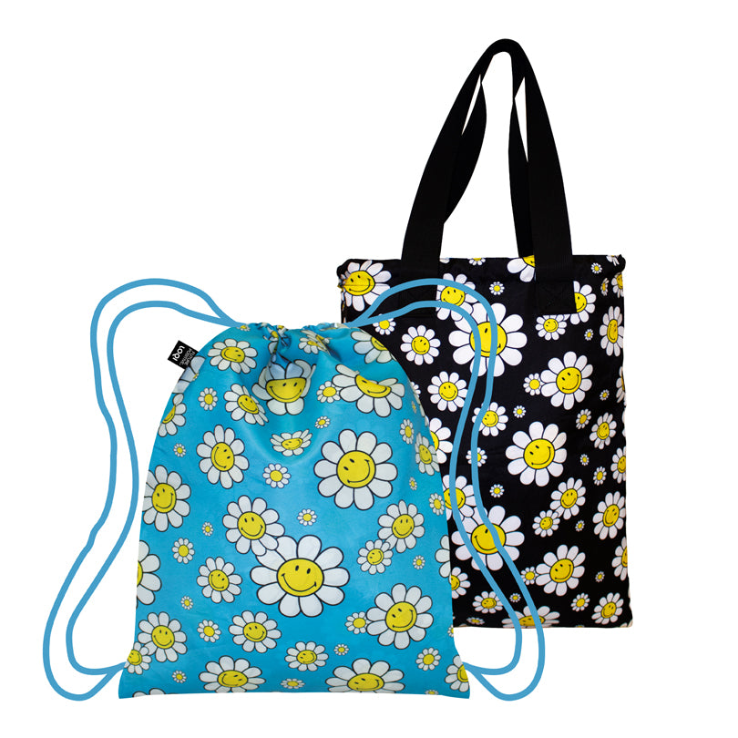 Zainetto/Borsa reversibile "Smiley - Flowers Black & Aquarius Recycled" cm 34x43,5