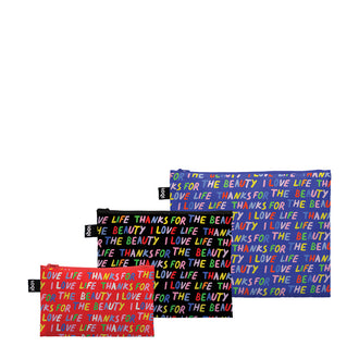 Zip pocket "Glitter Power - Love Life Blue, Black and Red Recycled", confezione assortita da 3 pezzi
