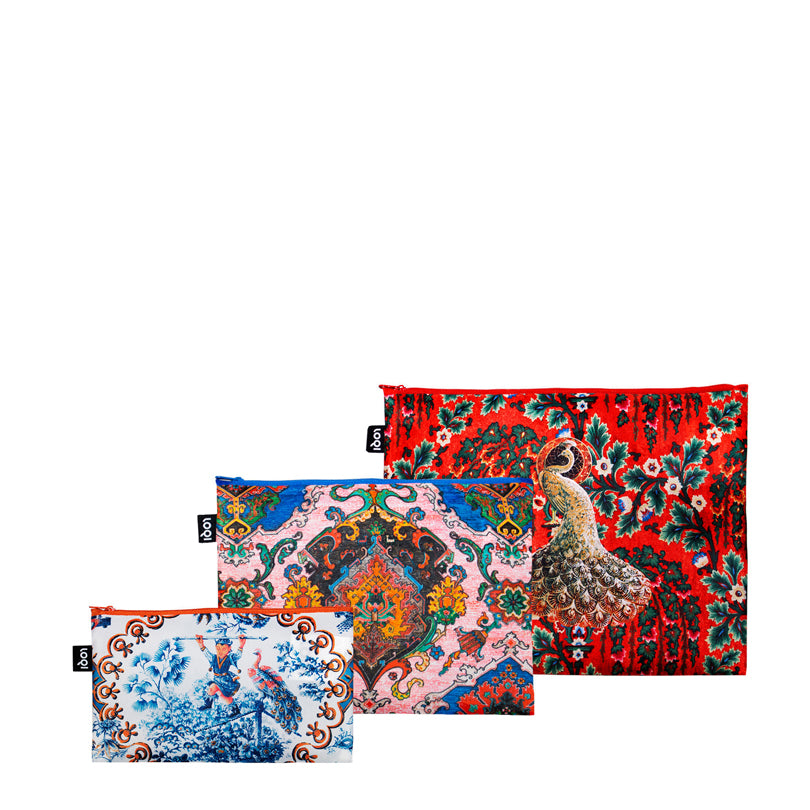 Zip pocket "Decorative Art - Tapestry Tea Rose, Toile de Jouy Juggler, Peacock Power", confezione assortita da 3 pezzi cm 13-25X23-32