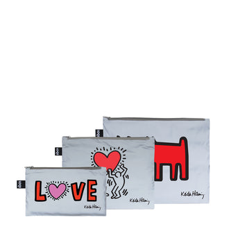 Zip pocket "Reflective - Keith Haring Dog, Dancing Heart, Love", confezione assortita da 3 pezzi cm 13-25X23-32