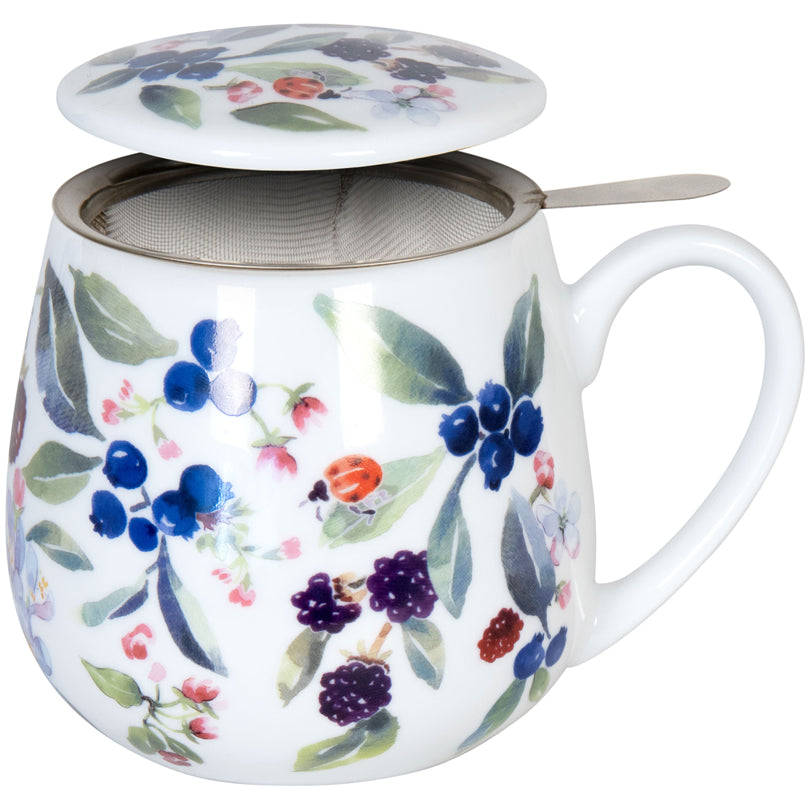 Tazza tè con coperchio e filtro, disegno: Fruity Tea Berry - Victoria Lowe ml 420/cm Ø8,2x10