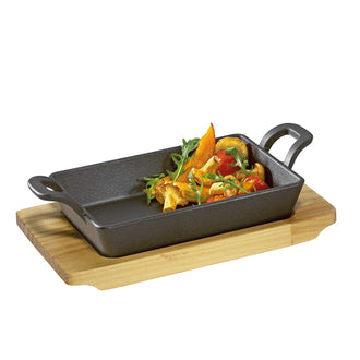 Padella grill/da portata "BBQ" rettangolare con supporto legno cm 21x12,5x6,5