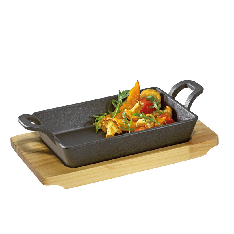 Padella grill/da portata "BBQ" rettangolare con supporto legno cm 21x12,5x6,5