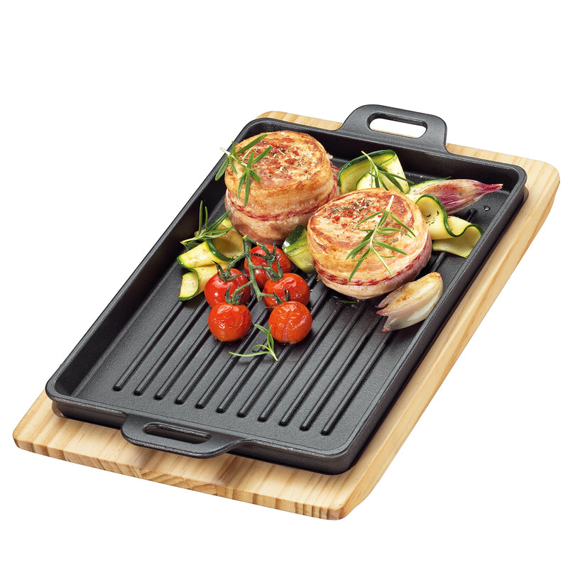 Padella grill/da portata "BBQ" rettangolare con 2 manici e supporto legno cm 32x22x3,5