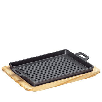 Padella grill/da portata "BBQ" rettangolare con 2 manici e supporto legno cm 32x22x3,5