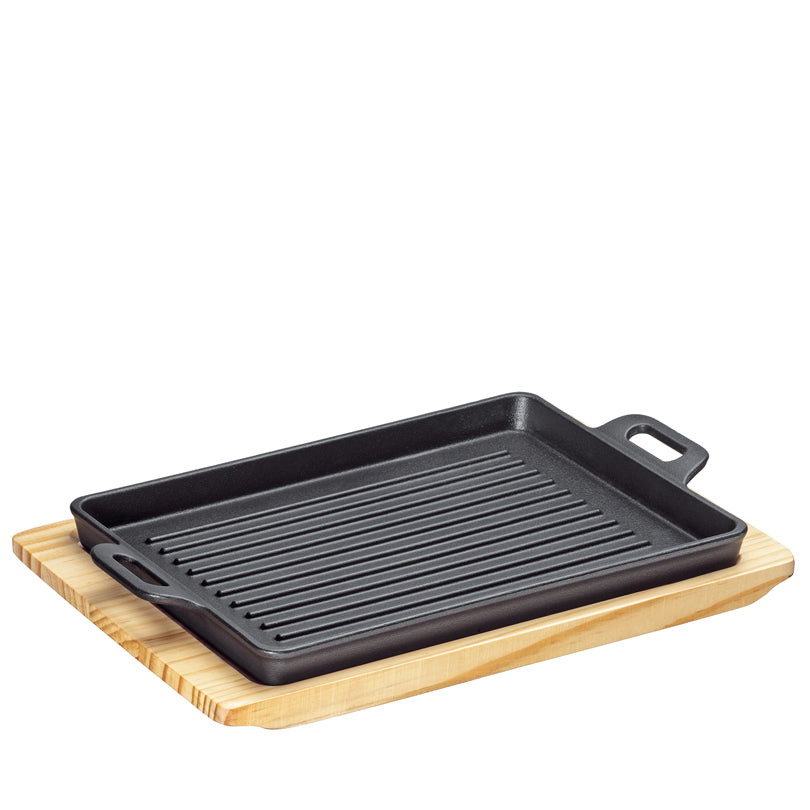 Padella grill/da portata "BBQ" rettangolare con 2 manici e supporto legno cm 32x22x3,5